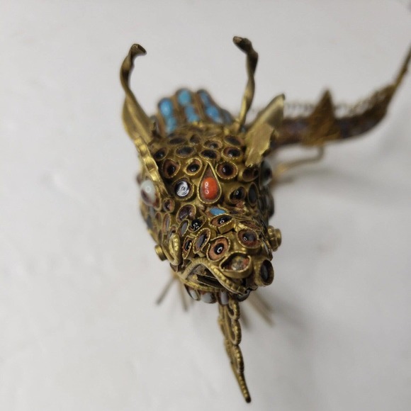 Vintage Asian Gemstone Inlaid Brass Filigree Dragon Sculpture, Himalayan Folk... - Picture 8 of 12